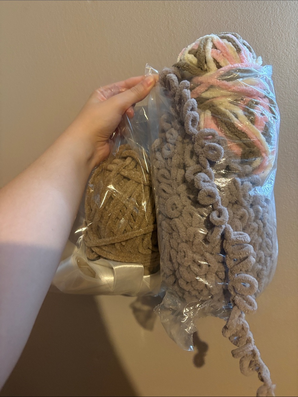 Yarn & Ribbon: 3xChunky Plush Yarns & 3 ribbons (2 small linen, 1 medium satin)